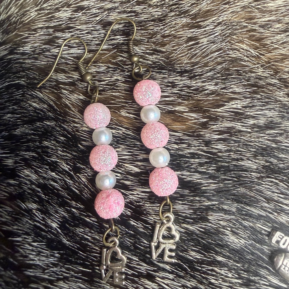 Pink and pearl Love Dangle Earrings